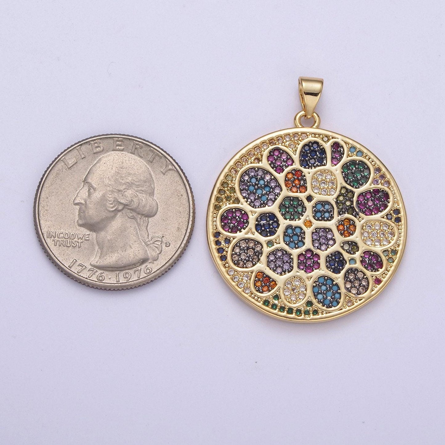 Multicolor diamond disc pendant, round disc charm micro pave medallion pendant 14k gold filled h-242, h-243, h-244, h-292