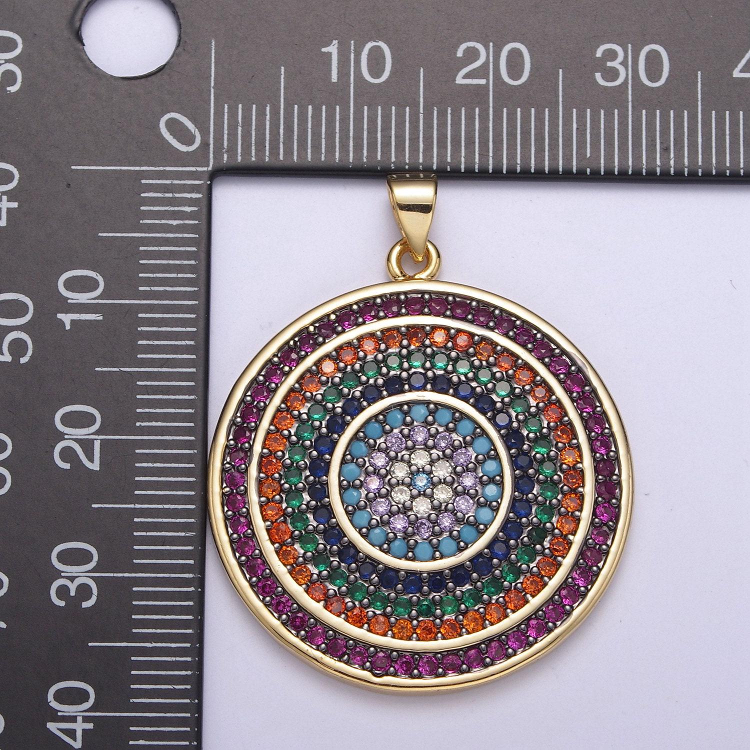 Multicolor diamond disc pendant, round disc charm micro pave medallion pendant 14k gold filled h-242, h-243, h-244, h-292