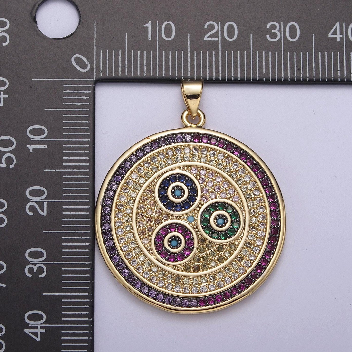 Multicolor diamond disc pendant, round disc charm micro pave medallion pendant 14k gold filled h-242, h-243, h-244, h-292