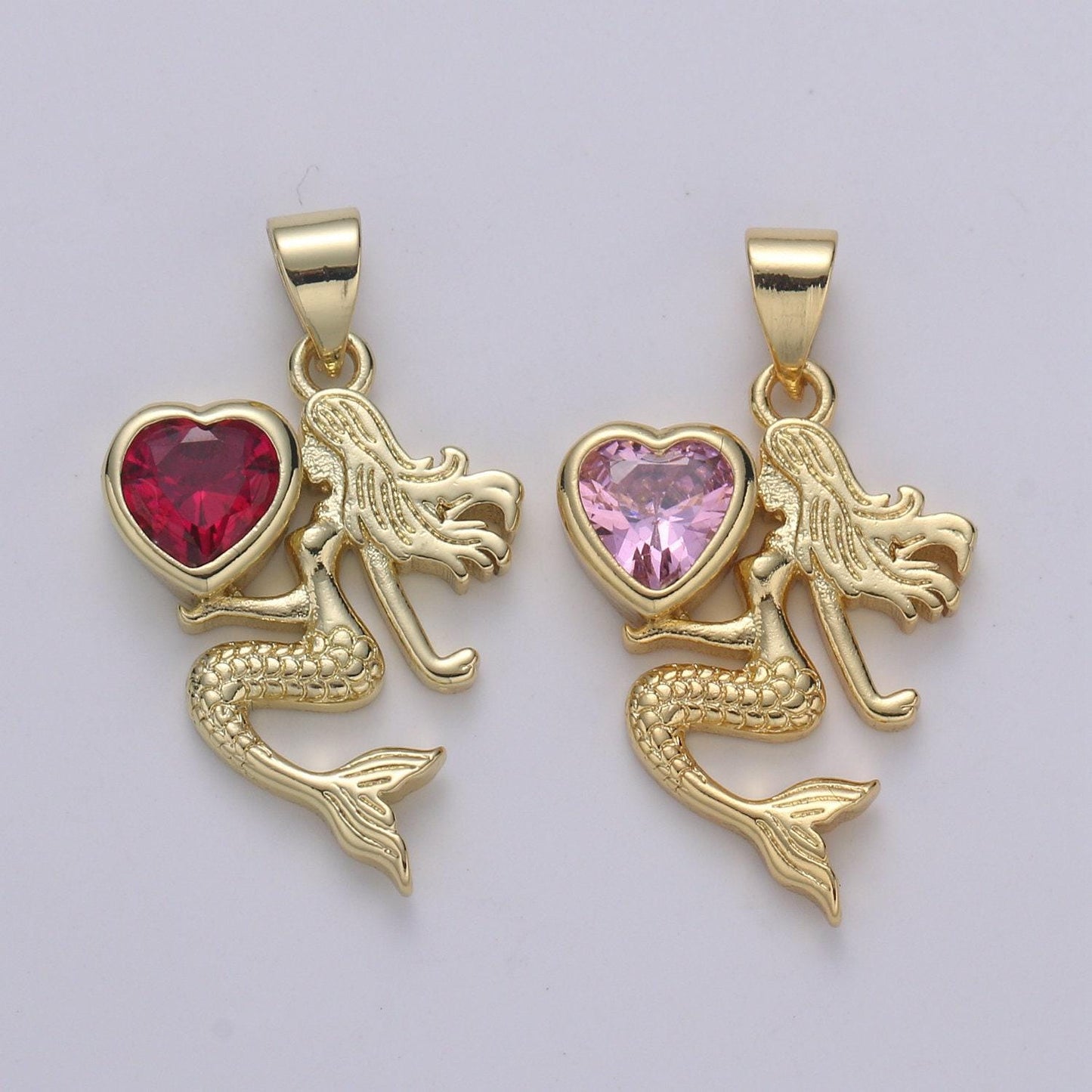 1pc24k gold solitaire cz mermaid pendant charm, love cz mermaid heart pendant charm, pendant, for diy jewelry.pdgf 2172