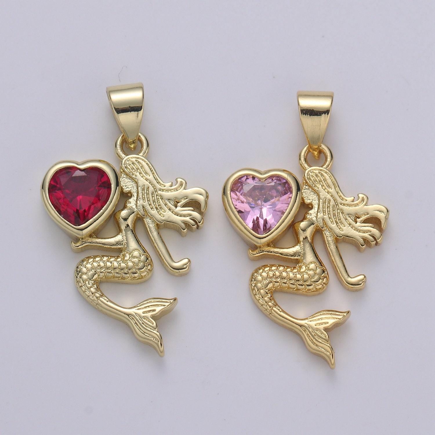 1pc24k gold solitaire cz mermaid pendant charm, love cz mermaid heart pendant charm, pendant, for diy jewelry.pdgf 2172