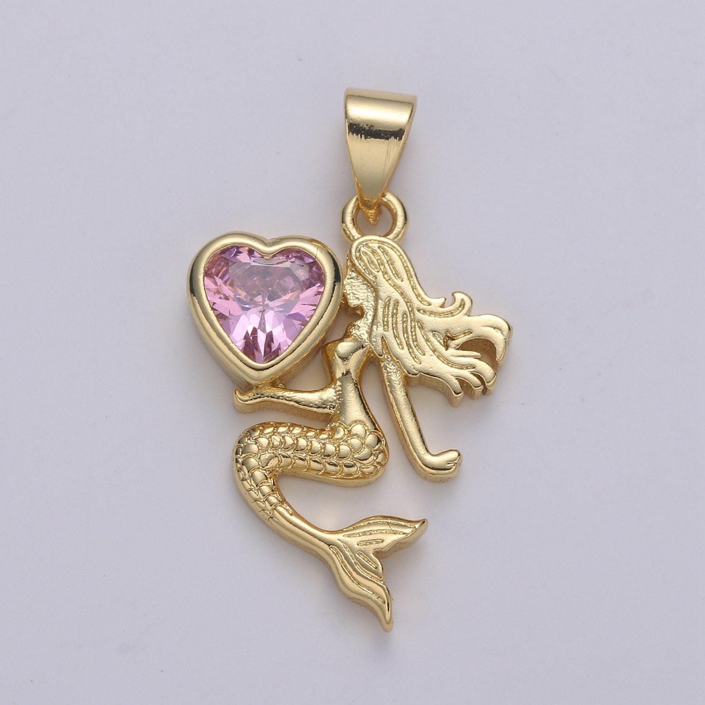 1pc24k gold solitaire cz mermaid pendant charm, love cz mermaid heart pendant charm, pendant, for diy jewelry.pdgf 2172