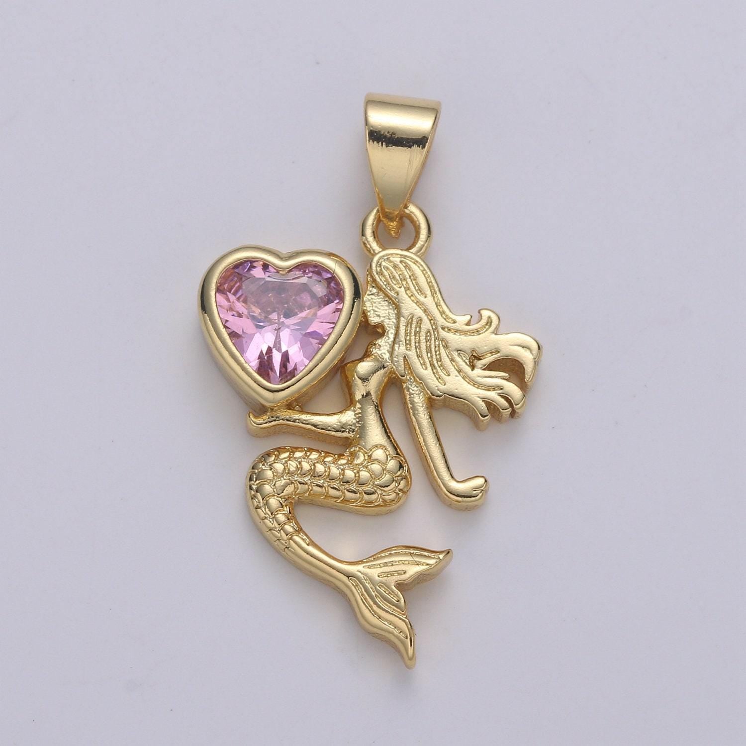 1pc24k gold solitaire cz mermaid pendant charm, love cz mermaid heart pendant charm, pendant, for diy jewelry.pdgf 2172