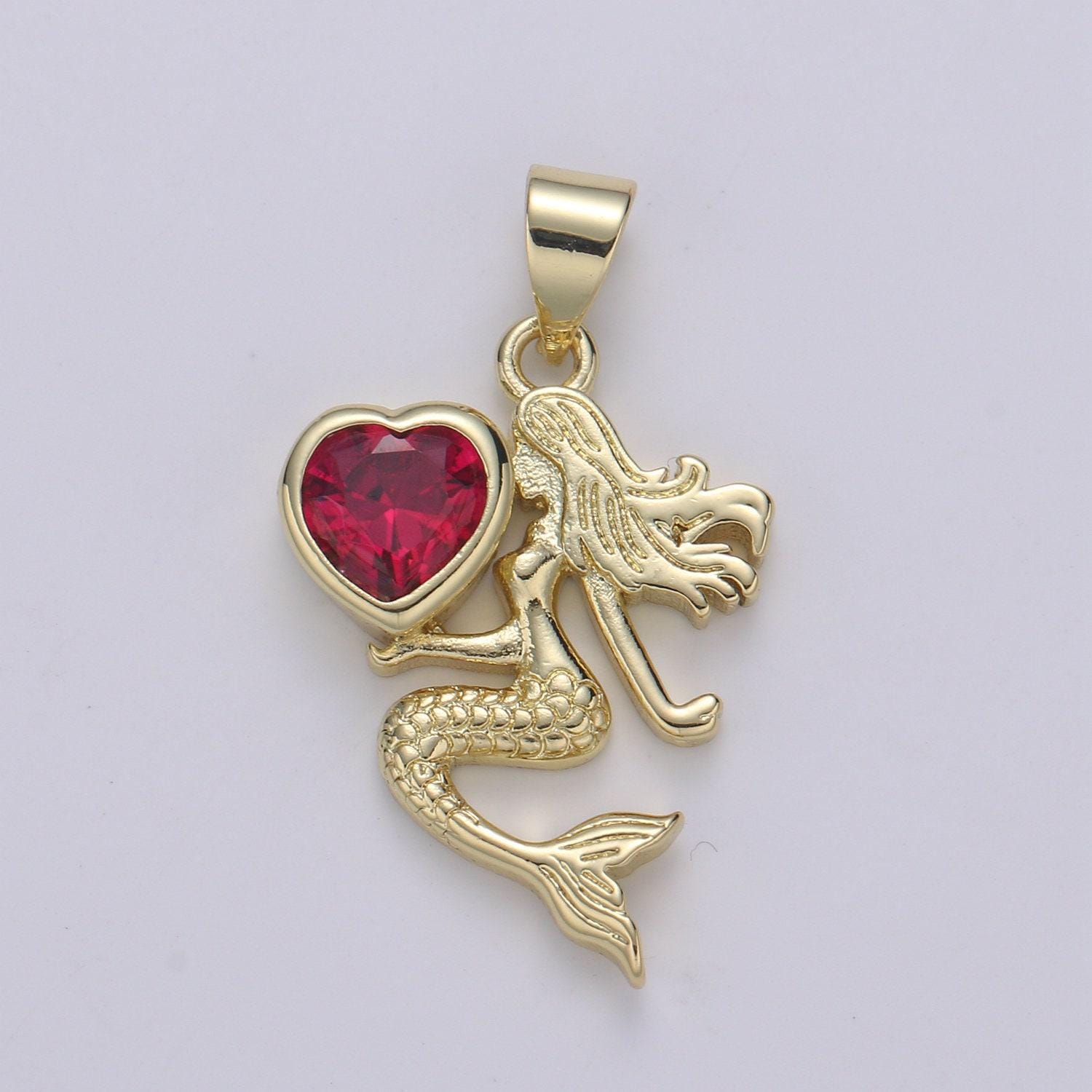 1pc24k gold solitaire cz mermaid pendant charm, love cz mermaid heart pendant charm, pendant, for diy jewelry.pdgf 2172