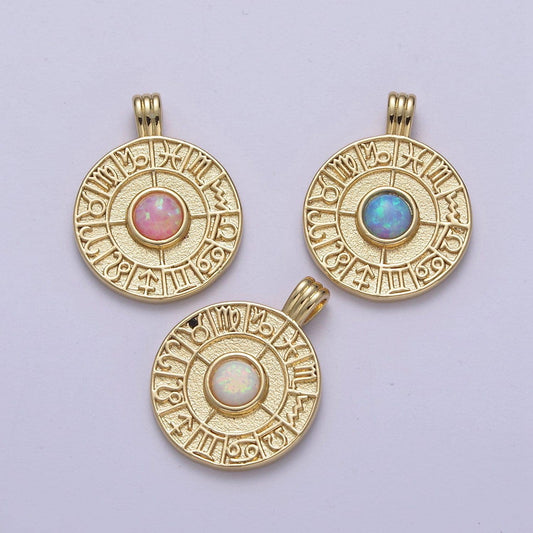 Dainty gold opal zodiac medallion horoscope coin pendant h-281, h-283, h-284