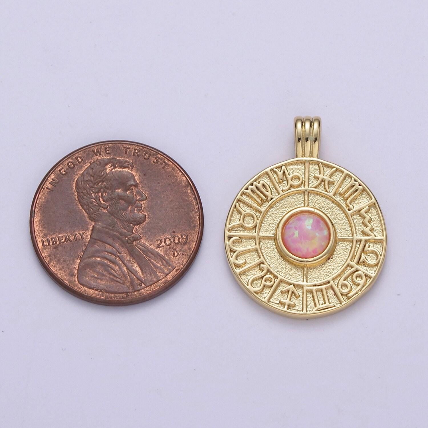 Dainty gold opal zodiac medallion horoscope coin pendant h-281, h-283, h-284