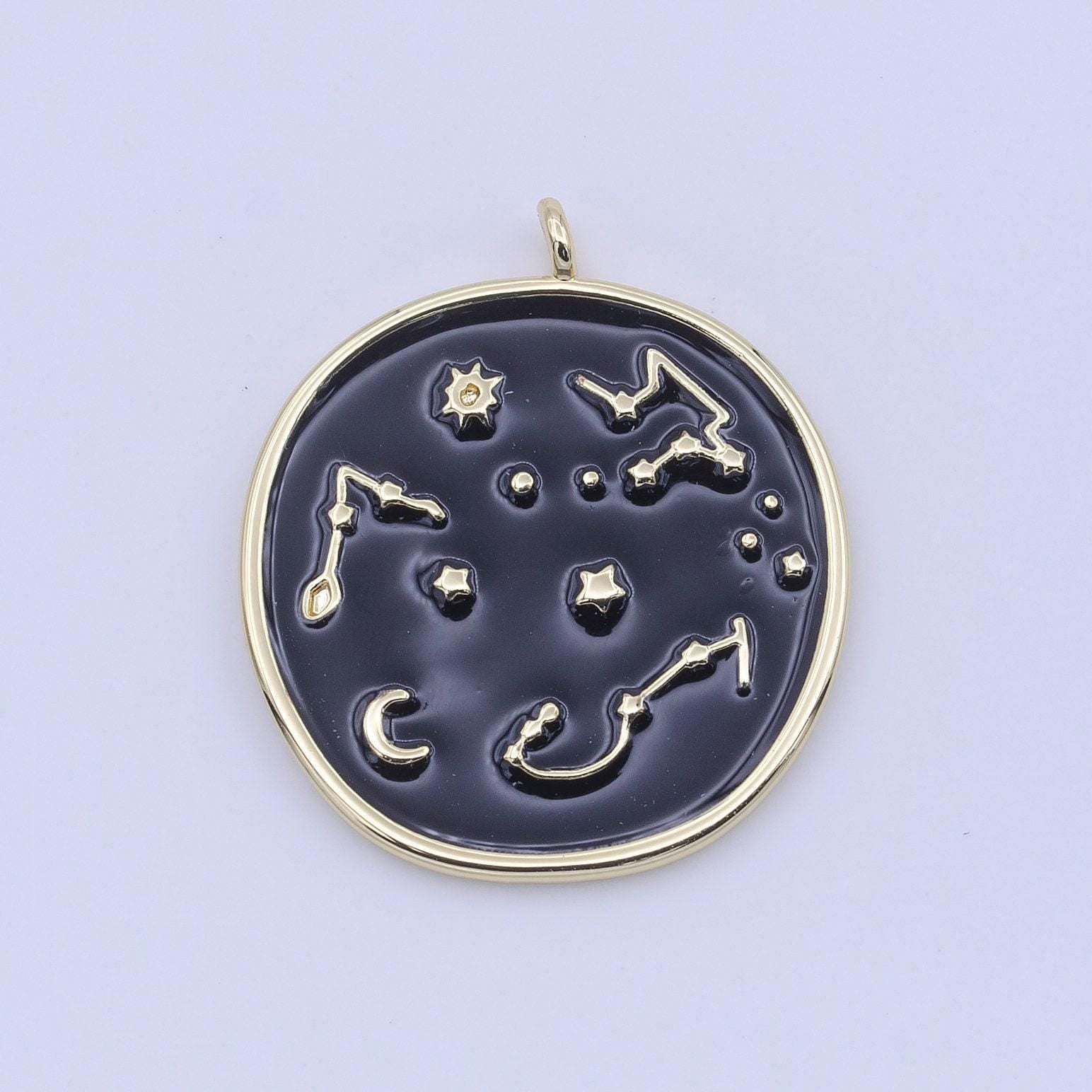 Gold filled black enamel celestial stars constellation charm white star galaxy round charm | h274 h277
