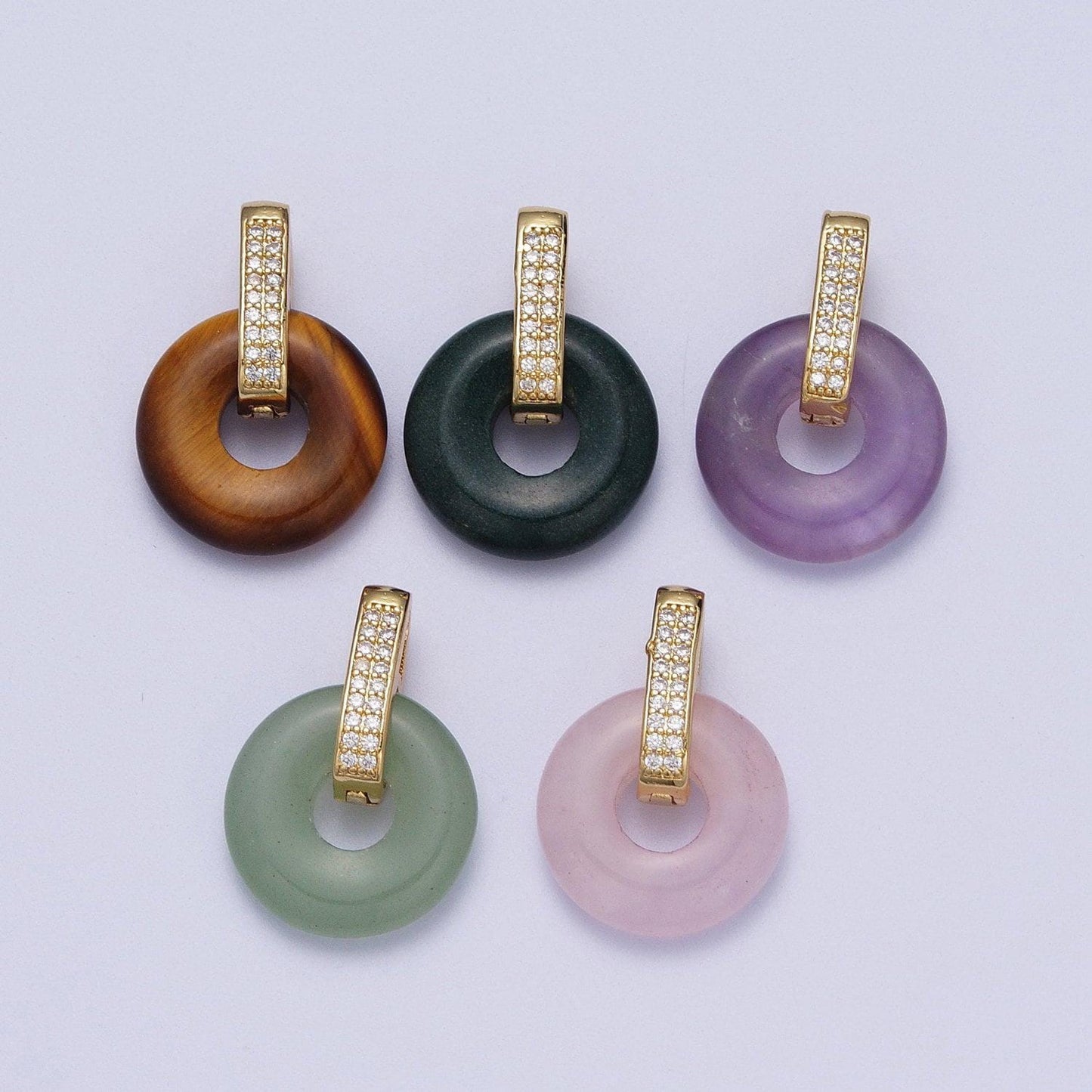 Natural amethyst, onyx, jade, tiger eye, rose quartz donut micro paved pendant | h267 h270 h271 h272 h273