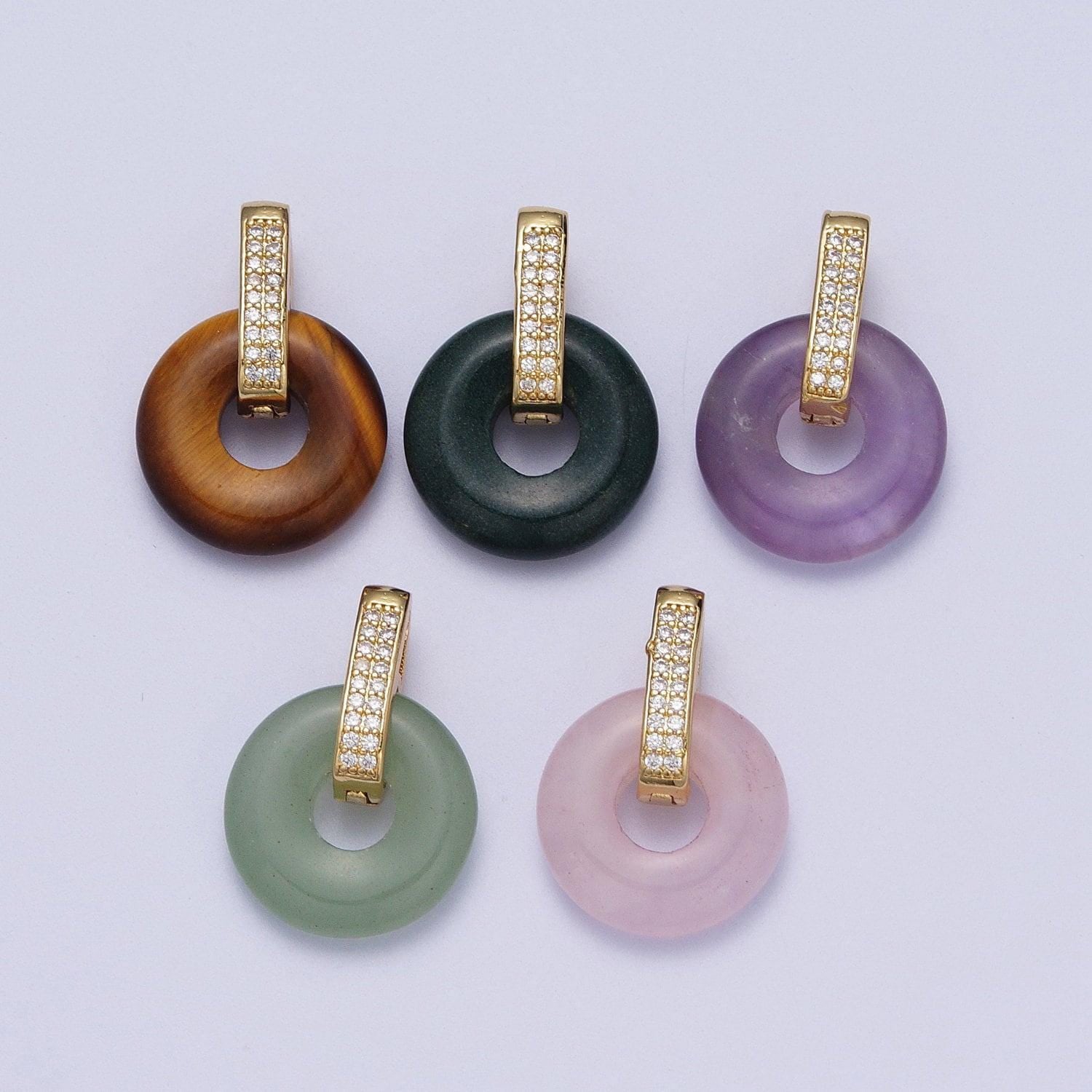 Natural amethyst, onyx, jade, tiger eye, rose quartz donut micro paved pendant | h267 h270 h271 h272 h273