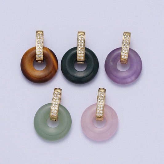 Natural amethyst, onyx, jade, tiger eye, rose quartz donut micro paved pendant | h267 h270 h271 h272 h273