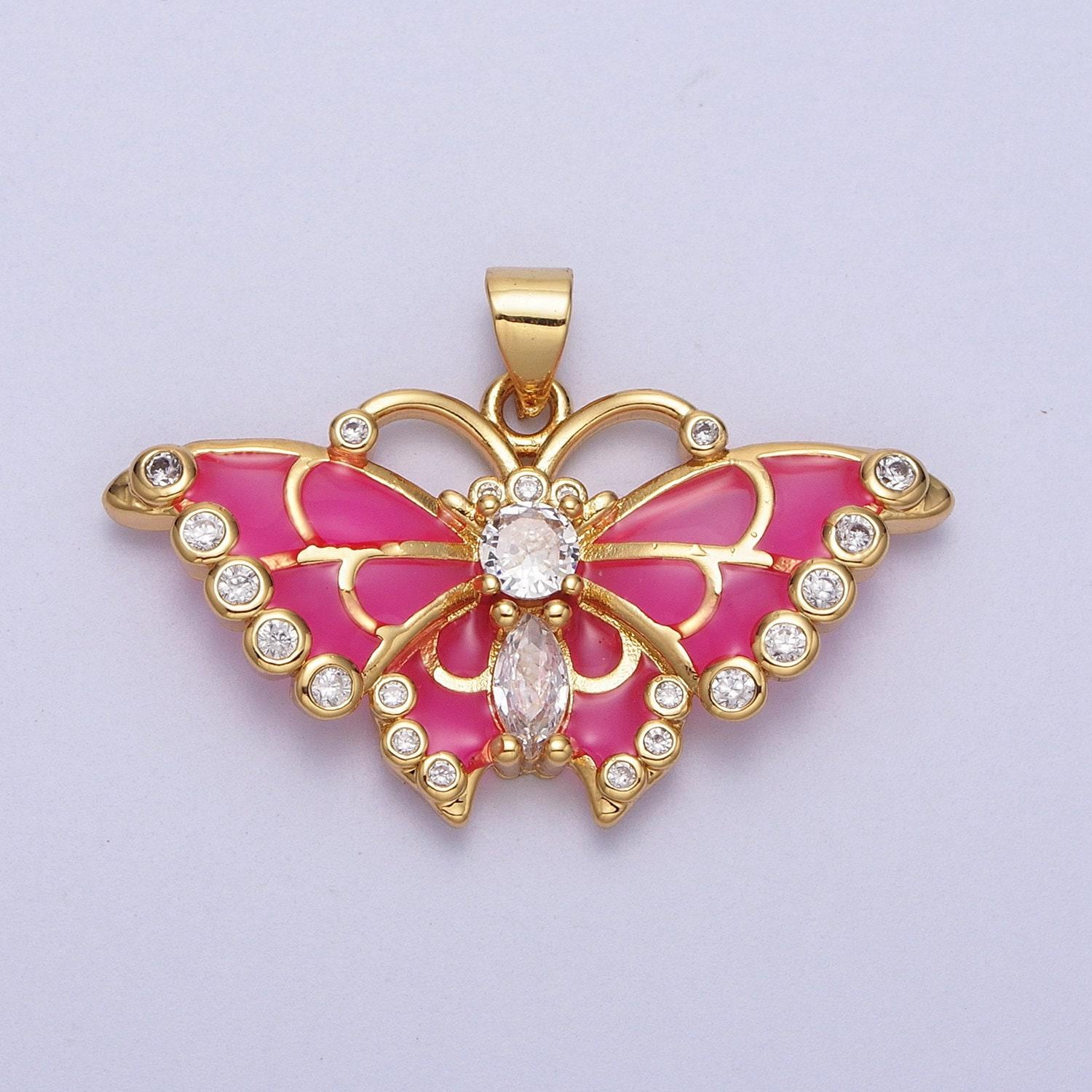 Hot pink butterfly charm gold barbiecore jewelry necklace pendant mariposa charm h-266