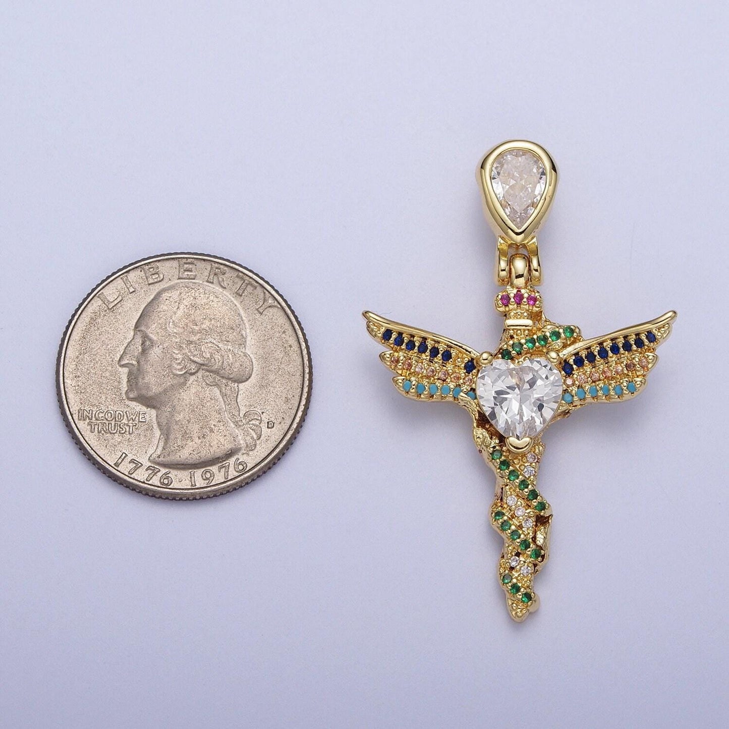 24k gold filled multicolor micro paved clear heart cz winged religious gold cross pendant | h252