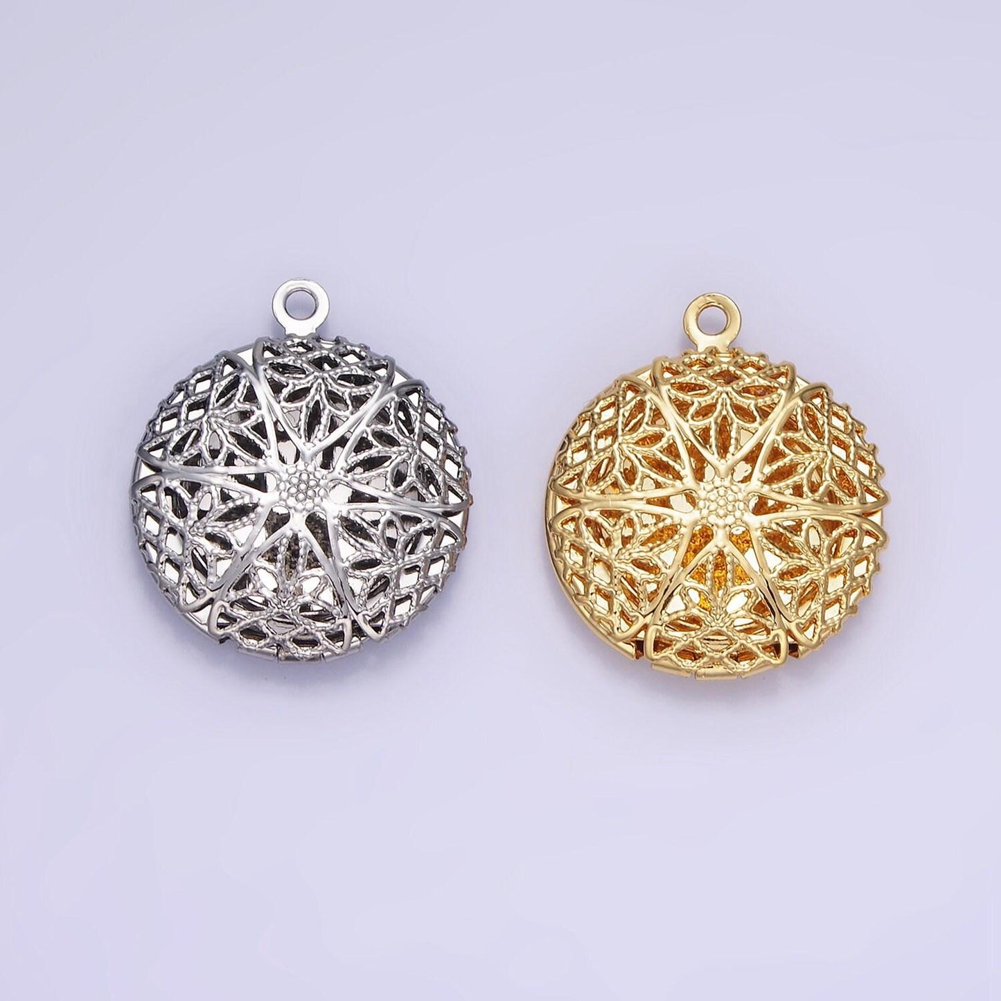 14k gold filled flower filigree round locket charm in gold & silver | h242