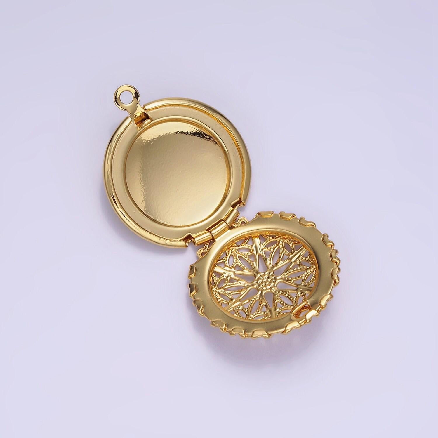 14k gold filled flower filigree round locket charm in gold & silver | h242