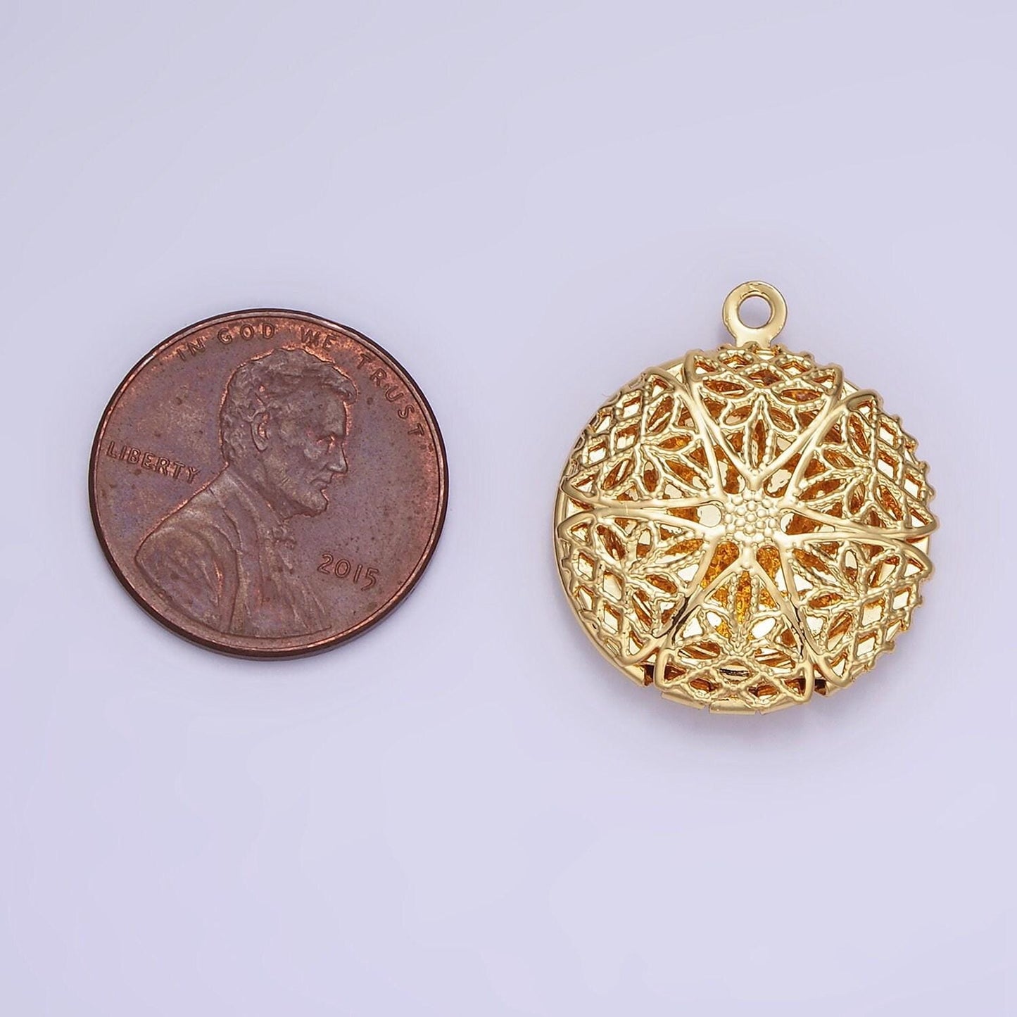 14k gold filled flower filigree round locket charm in gold & silver | h242