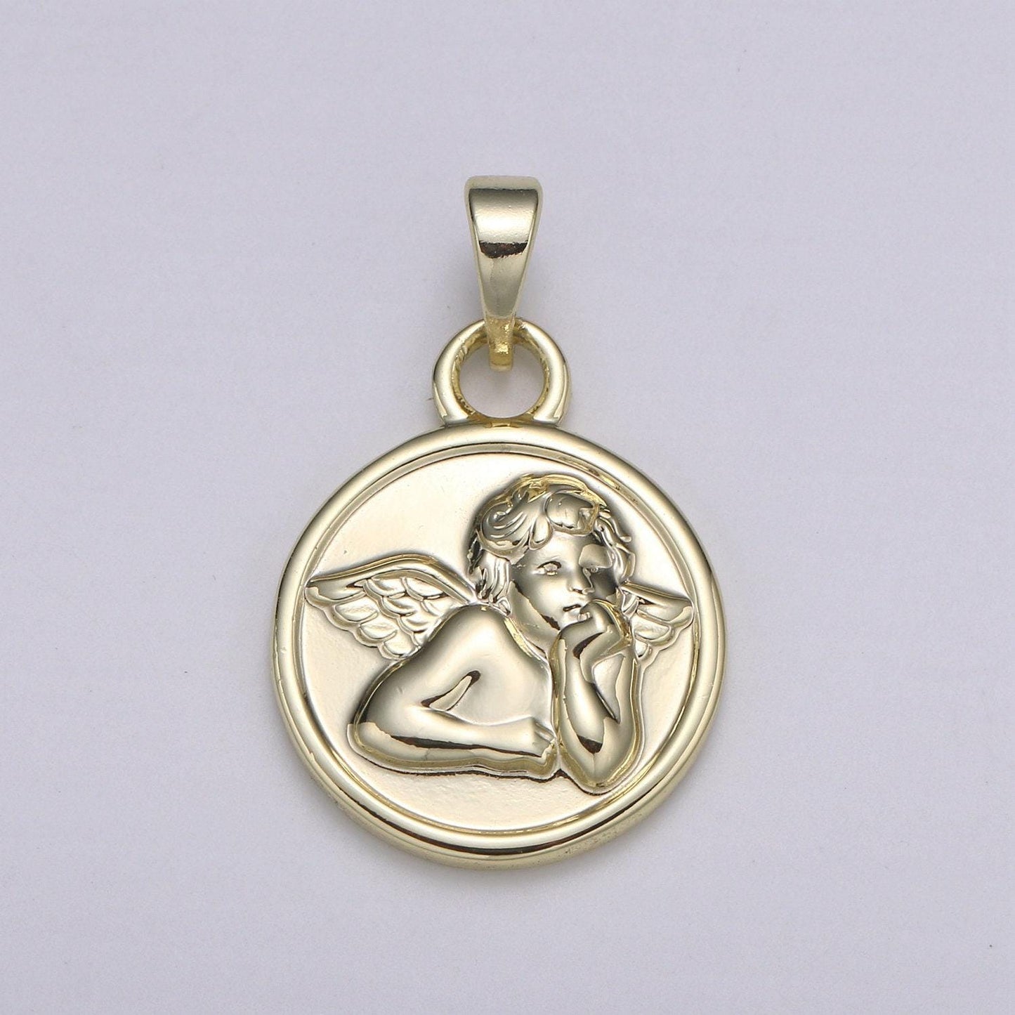 14k gold cupid charm- medallion cupid pendant - angel coin pendant - for necklace bracelet earring component, pdgf-2167