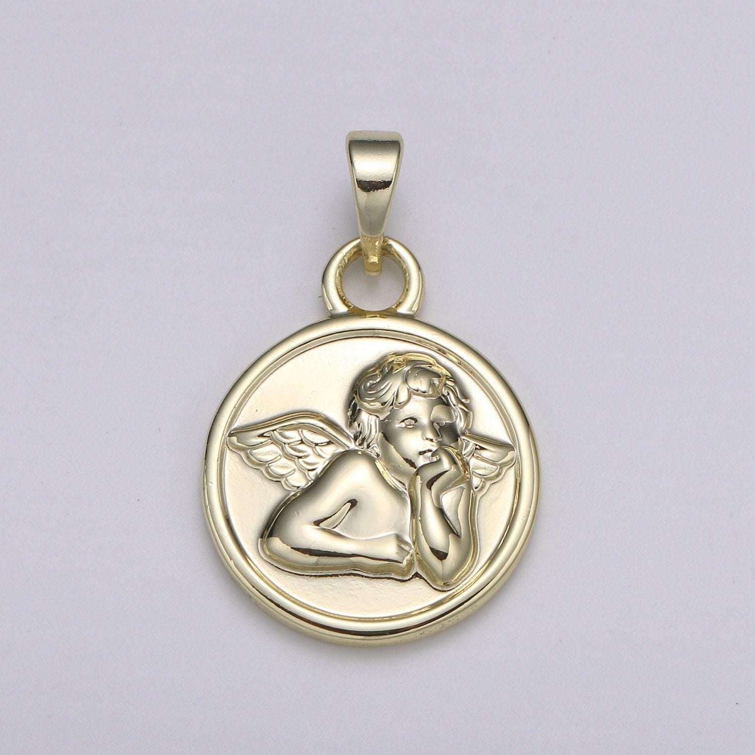 14k gold cupid charm- medallion cupid pendant - angel coin pendant - for necklace bracelet earring component, pdgf-2167