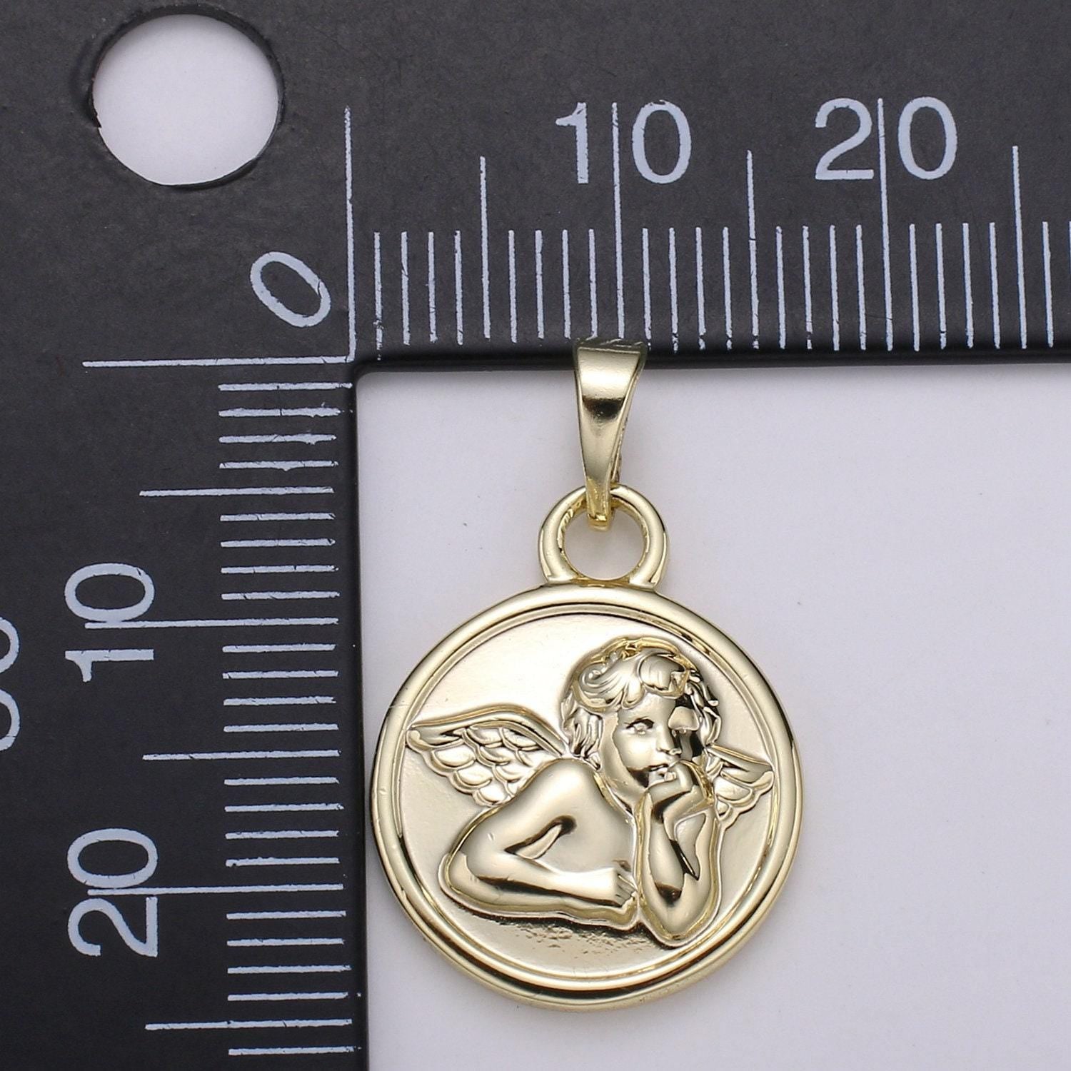 14k gold cupid charm- medallion cupid pendant - angel coin pendant - for necklace bracelet earring component, pdgf-2167