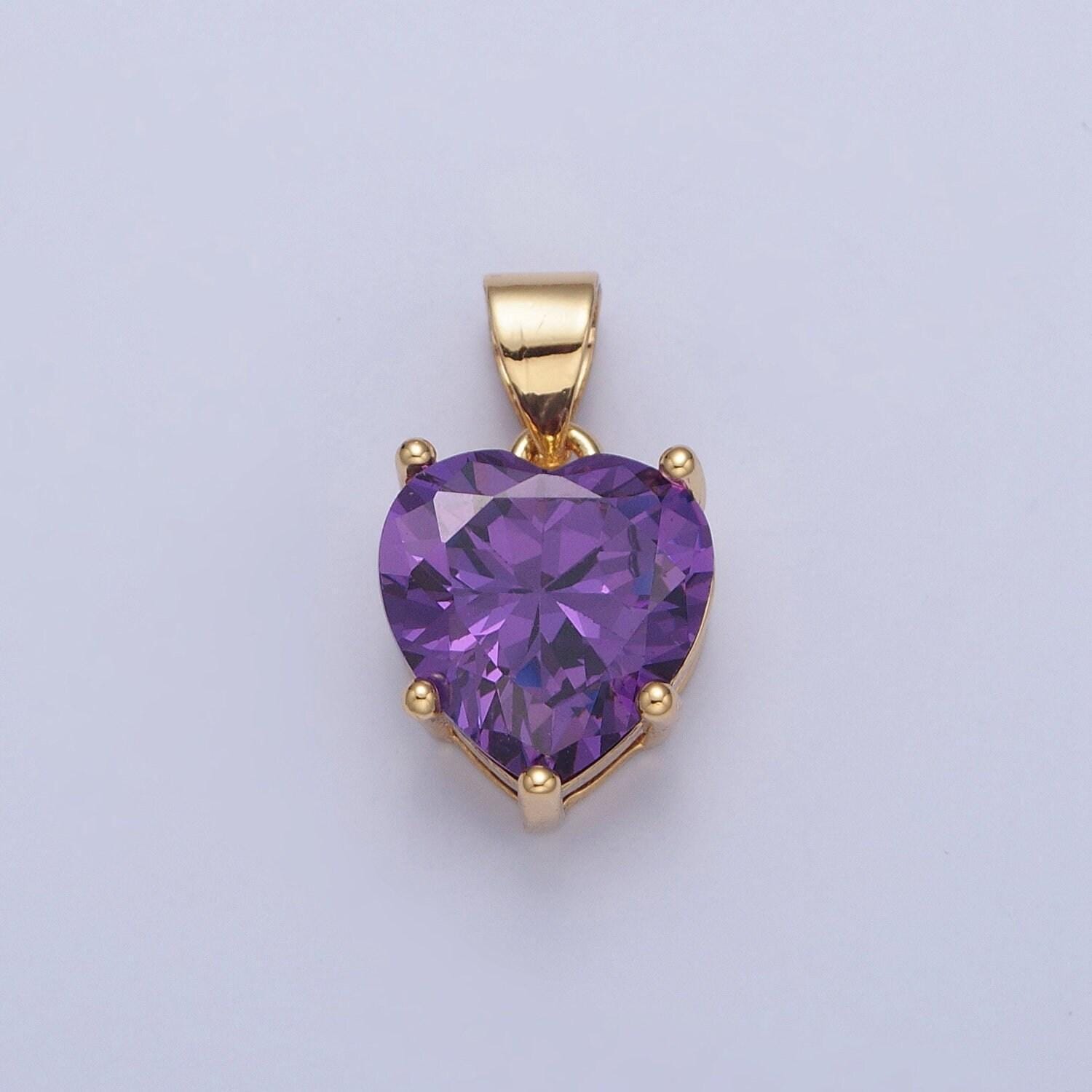 24k gold filled dainty royal purple heart pendant, micro pave cz cubic zirconia love valentine for diy jewelry making | h-216