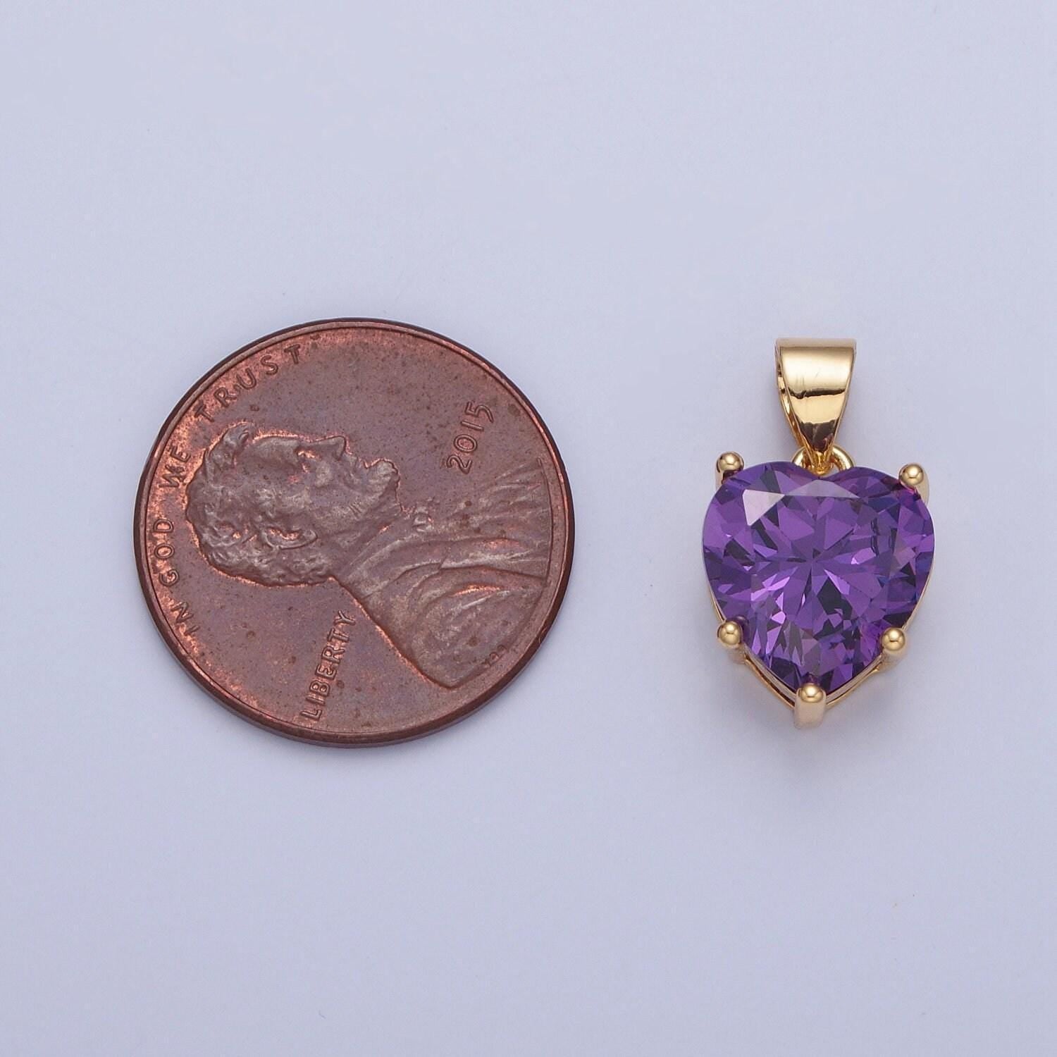 24k gold filled dainty royal purple heart pendant, micro pave cz cubic zirconia love valentine for diy jewelry making | h-216