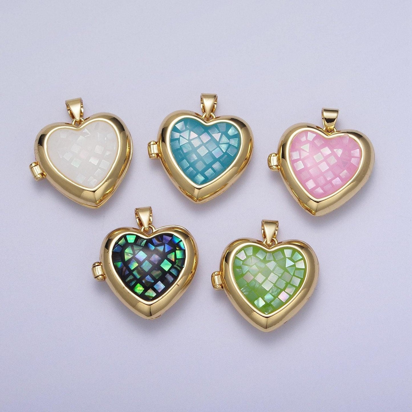 24k gold filled shell love heart locket charm necklace, abalone pink blue white green shell for personalized necklace pendant | h-151