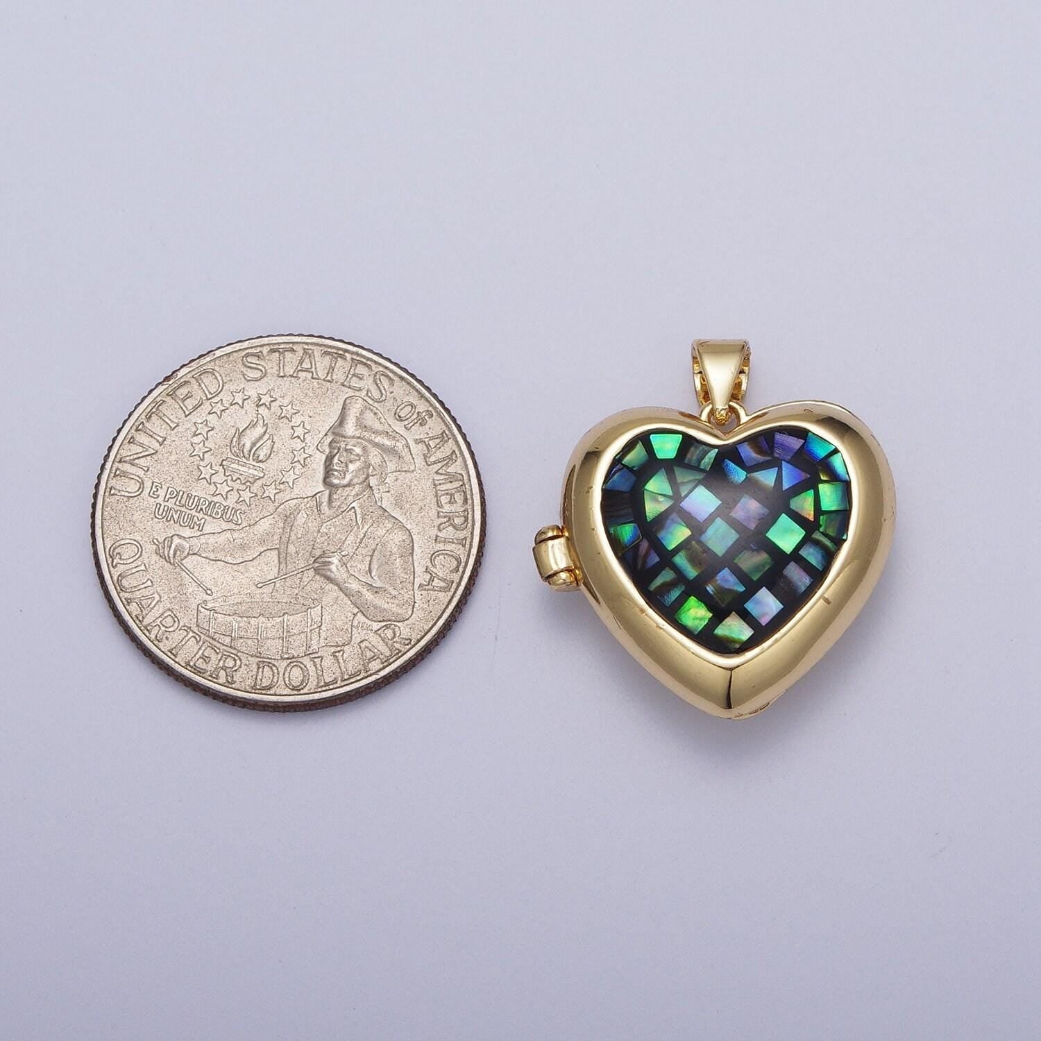 24k gold filled shell love heart locket charm necklace, abalone pink blue white green shell for personalized necklace pendant | h-151