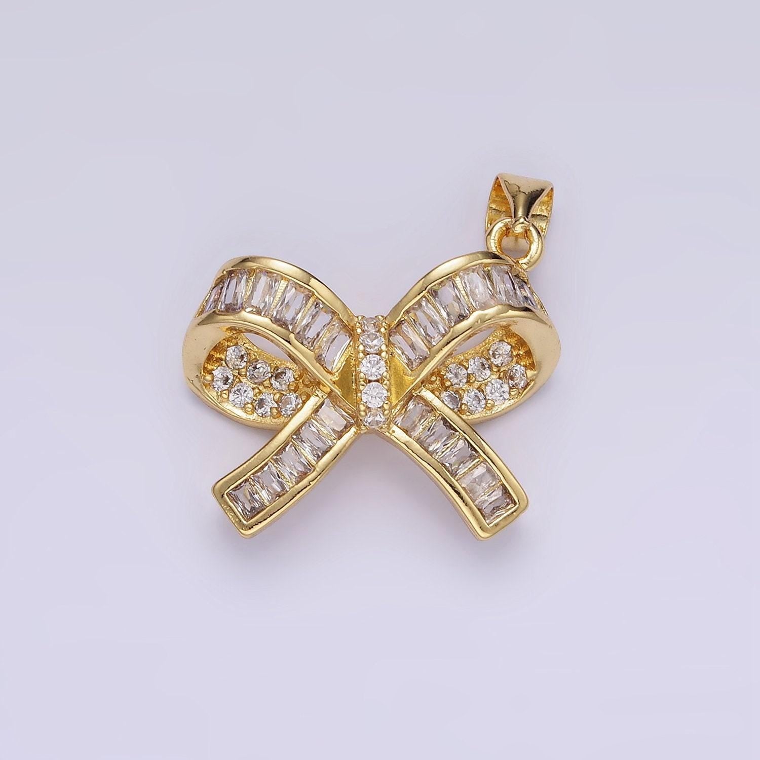 Cubic zirconia bow charm dainty baguette bow pendant 24k gold filled cz bow pendant dainty bow charm for bracelet necklace earring supply