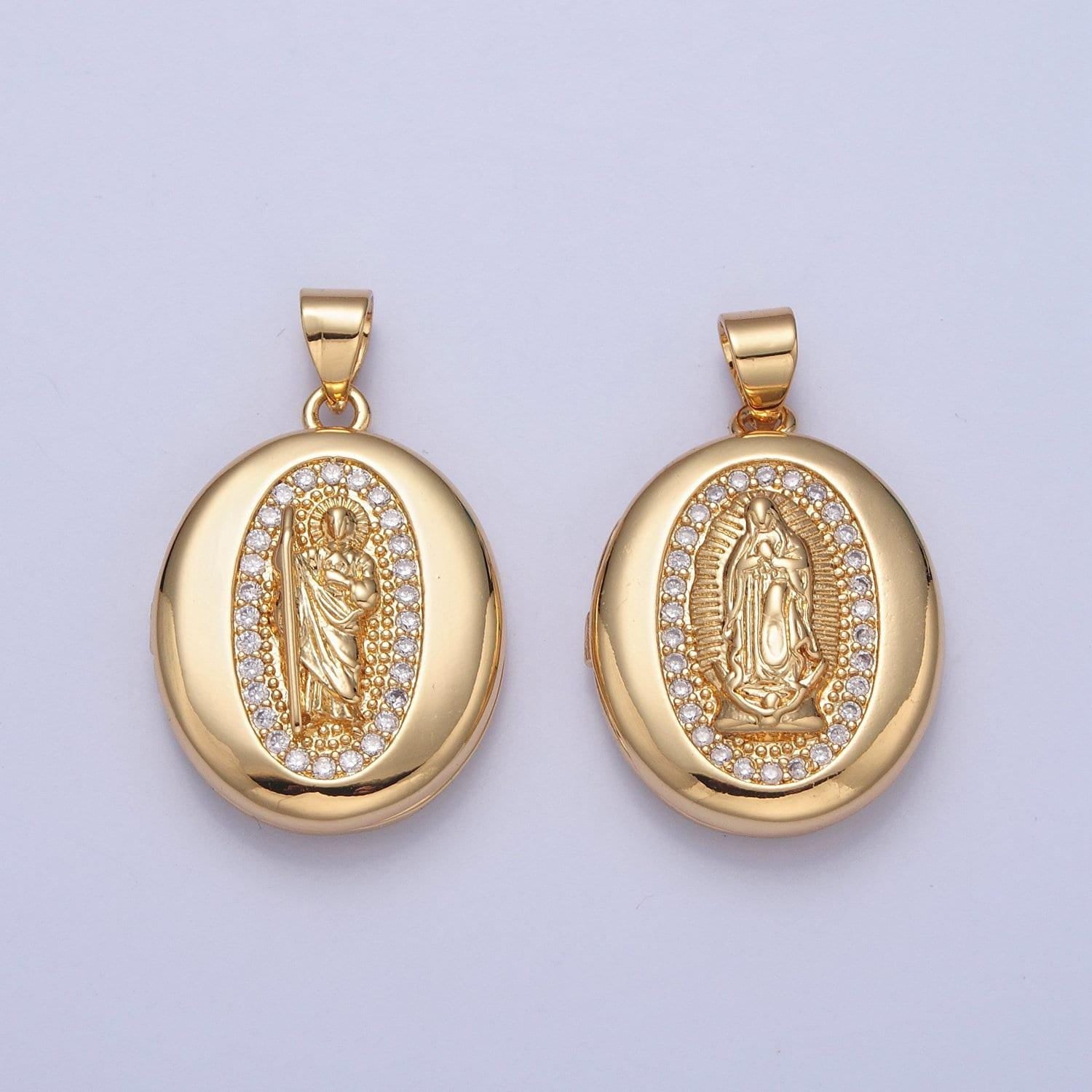 24k gold filled our lady of guadalupe and moses round oval locket micro pave cz pendant, openable virgin mary and moses charm | h-092, h-105