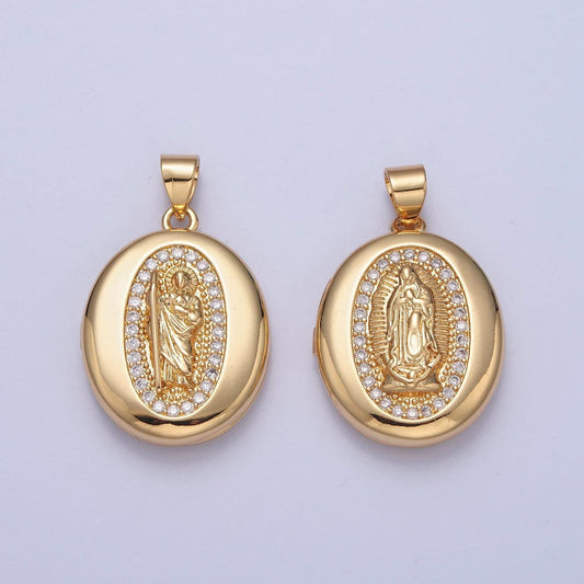 24k gold filled our lady of guadalupe and moses round oval locket micro pave cz pendant, openable virgin mary and moses charm | h-092, h-105