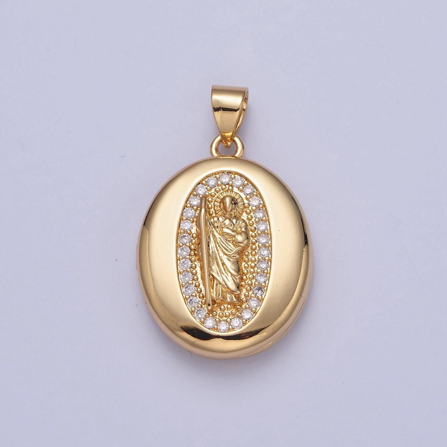 24k gold filled our lady of guadalupe and moses round oval locket micro pave cz pendant, openable virgin mary and moses charm | h-092, h-105