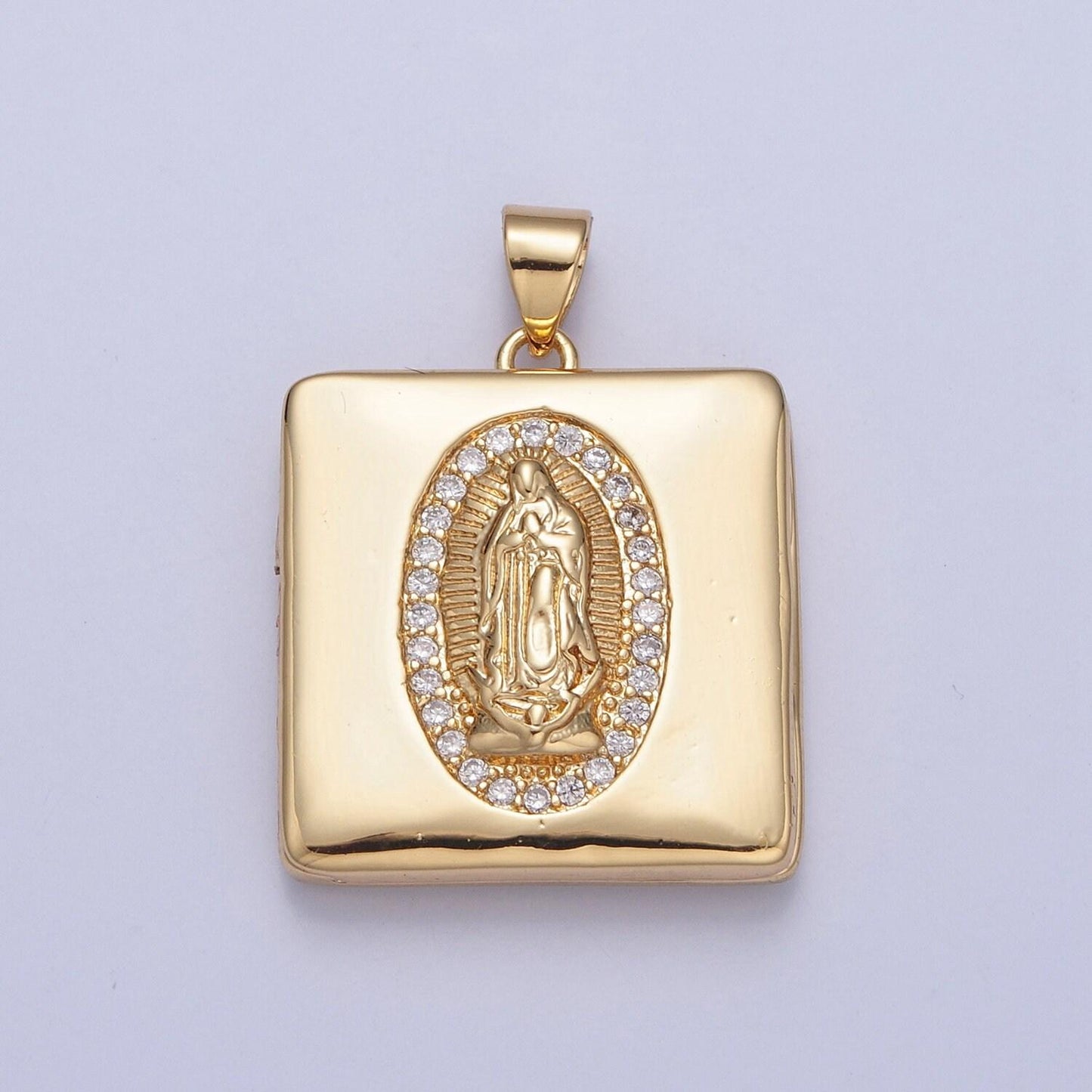 24k gold our lady of guadalupe and moses briefcase square locket micro pave cz pendant, openable virgin mary and moses charm | h-088, h-089