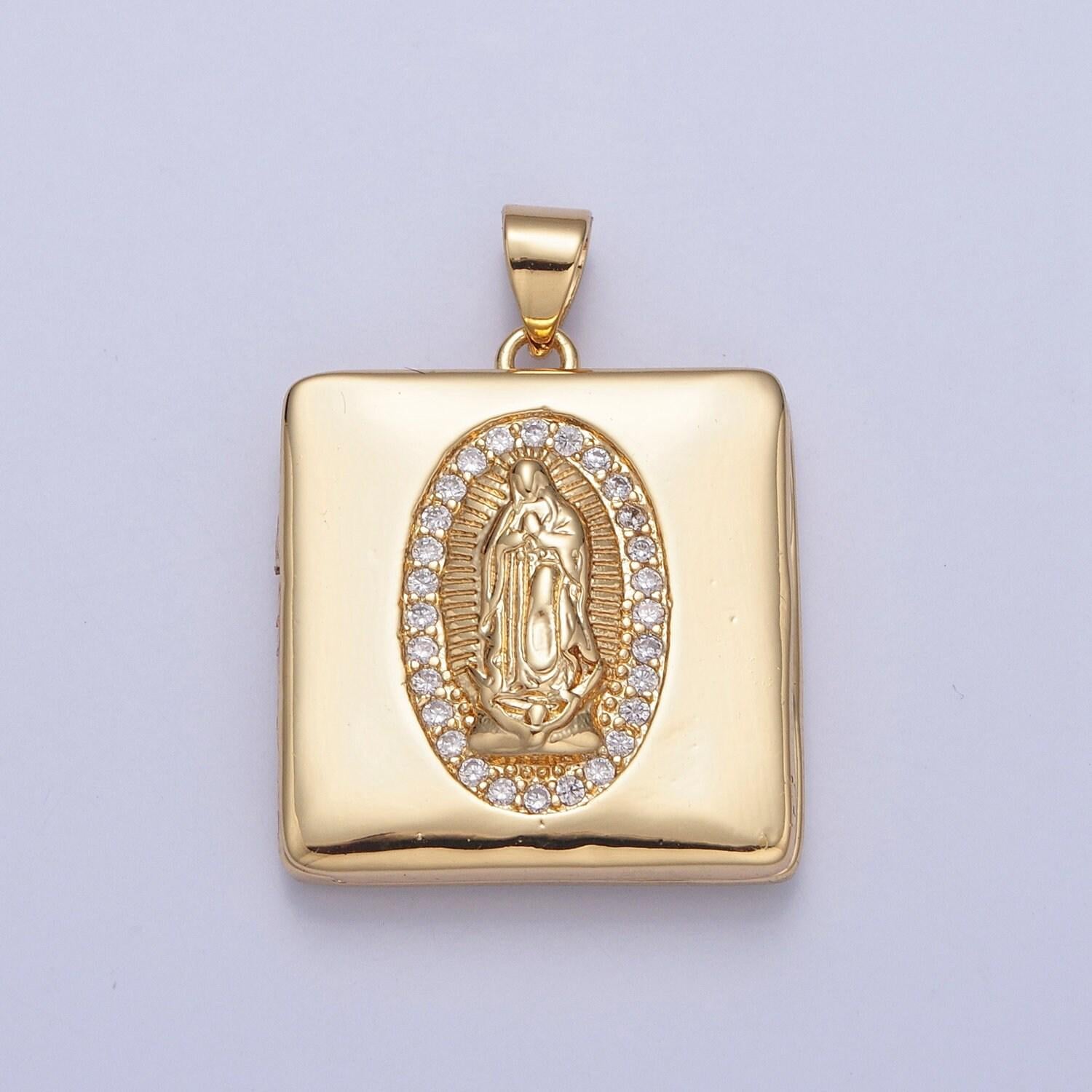 24k gold our lady of guadalupe and moses briefcase square locket micro pave cz pendant, openable virgin mary and moses charm | h-088, h-089