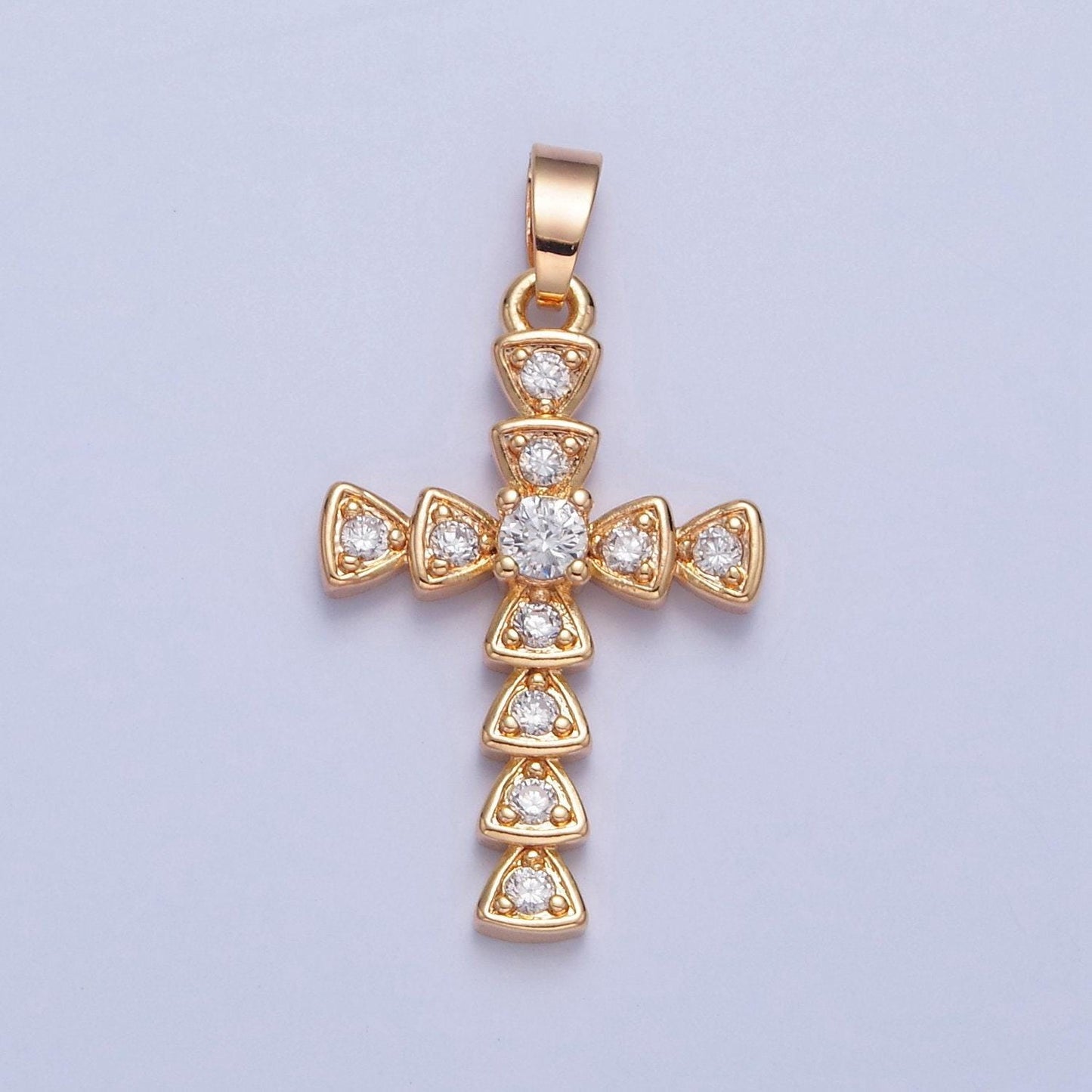 16k gold filled cz cross charm pendant, gold fancy cross with cubic zirconia stone for religious minimalist layering pendant | h-084