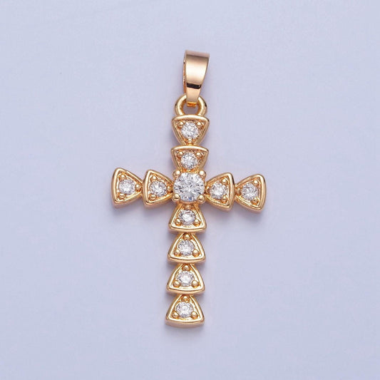 16k gold filled cz cross charm pendant, gold fancy cross with cubic zirconia stone for religious minimalist layering pendant | h-084