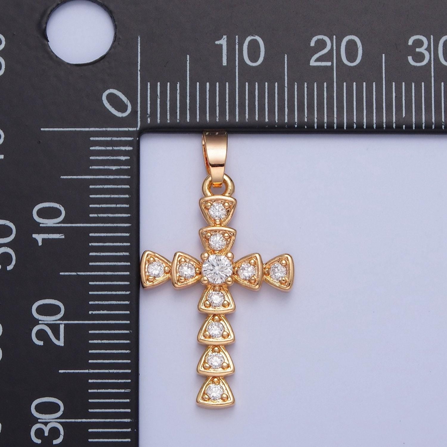 16k gold filled cz cross charm pendant, gold fancy cross with cubic zirconia stone for religious minimalist layering pendant | h-084