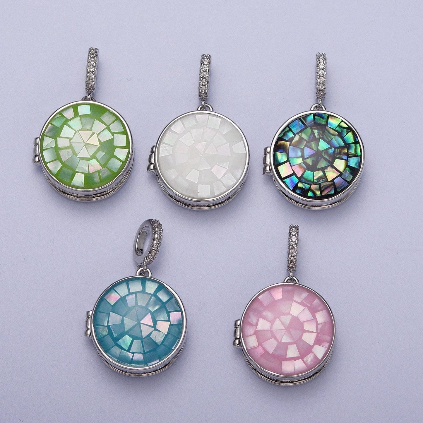 Silver virgin mary pendant marian cross black, green, pink, white, green shell opal round locket pendant | h044 h052 h060 h066 h073