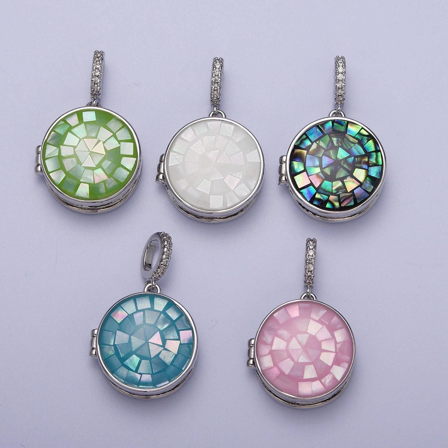 Silver virgin mary pendant marian cross black, green, pink, white, green shell opal round locket pendant | h044 h052 h060 h066 h073