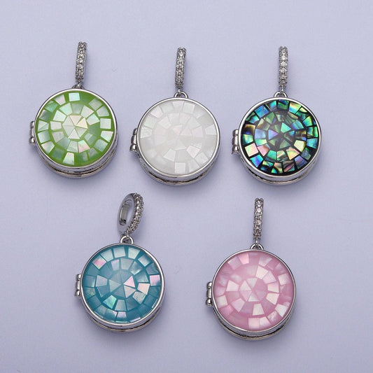 Silver virgin mary pendant marian cross black, green, pink, white, green shell opal round locket pendant | h044 h052 h060 h066 h073
