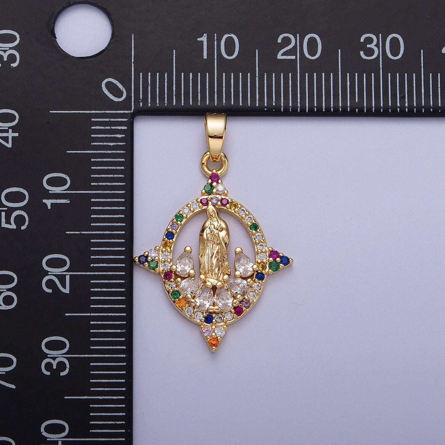 Colorful cz gold four-point virgin mary oval pendant, 24k gold plated micro paved cz marquise cut crystals lady of guadalupe charm | h-001