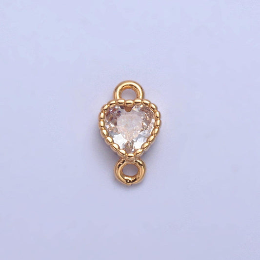 Tiny pinkish clear crystal heart cz connector charm - for necklace, bracelet, earring - gold connector for diy jewelry making | g-925