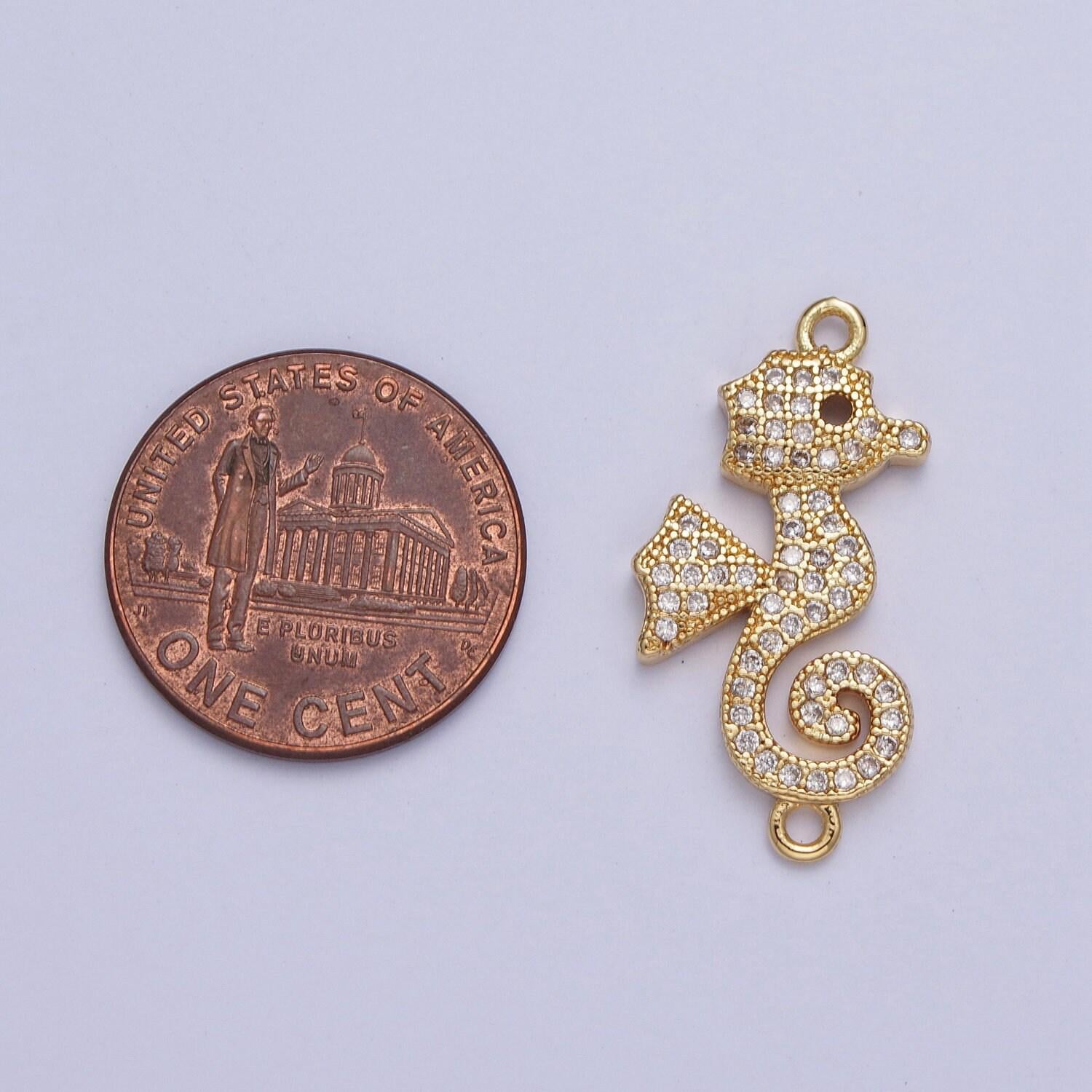 24k gold filled cartoon sea horse link connector, dainty animated seahorse clear micro pave cz connector, under the sea | g-883, g-567