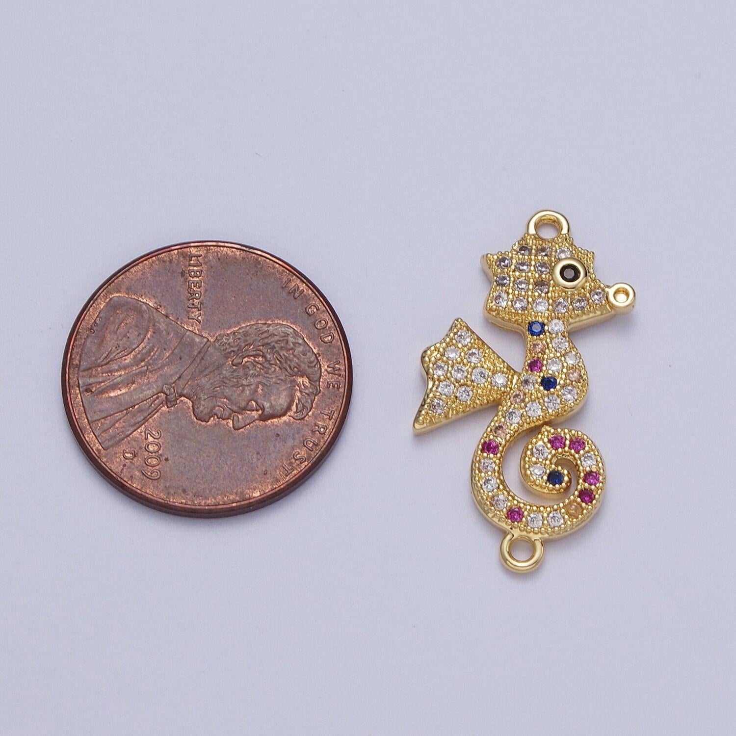 24k gold filled cartoon sea horse link connector, dainty animated seahorse clear micro pave cz connector, under the sea | g-883, g-567