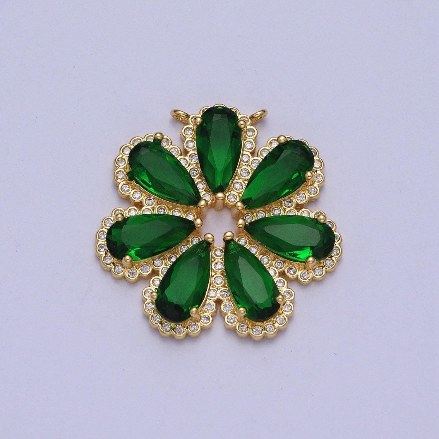14k gold filled dainty emerald green seven petals flower charm connector for bracelet necklace lucky floral florette jewelry | g871