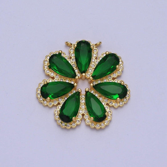14k gold filled dainty emerald green seven petals flower charm connector for bracelet necklace lucky floral florette jewelry | g871