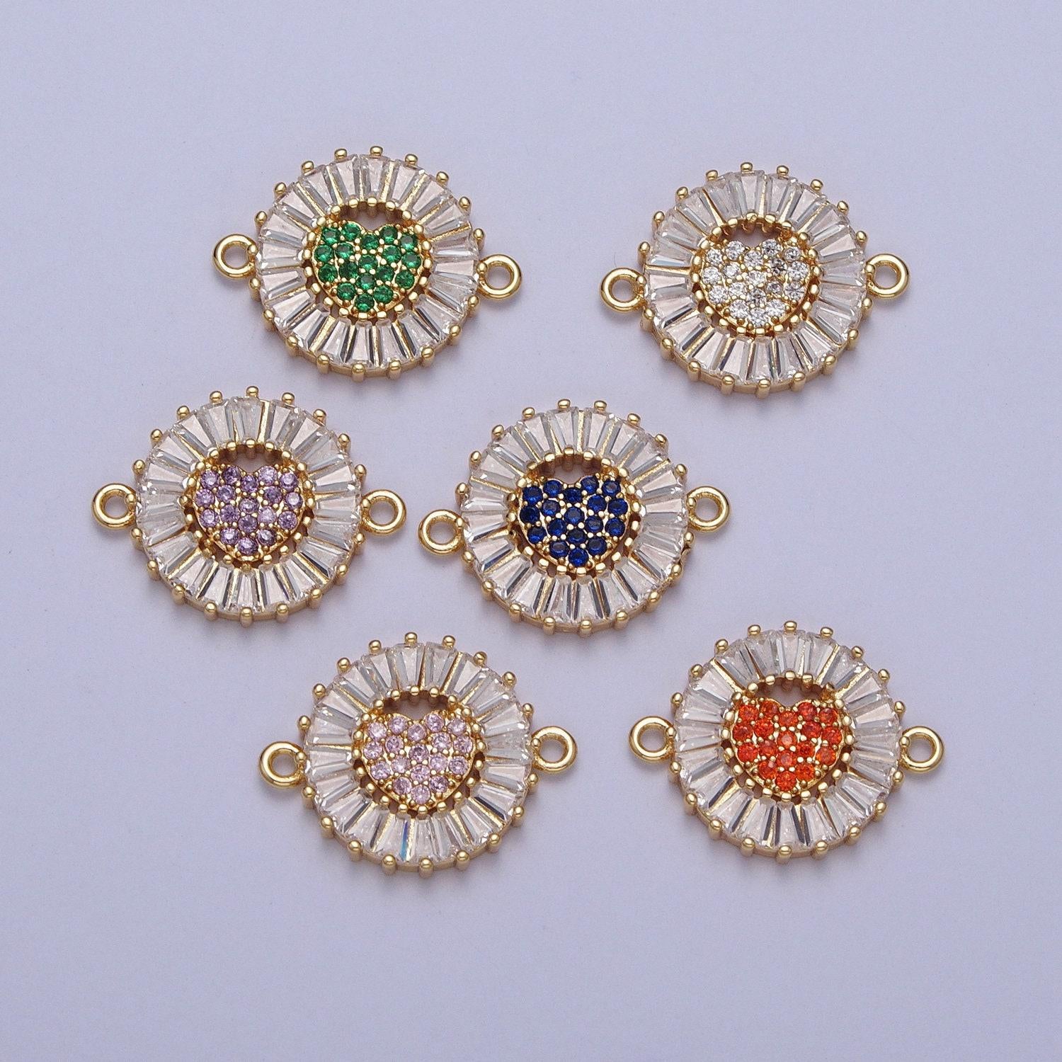 24k gold filled micro pave love heart center link connector, baguette stone bracelet connector, round sunburst link connector | g865~ g870
