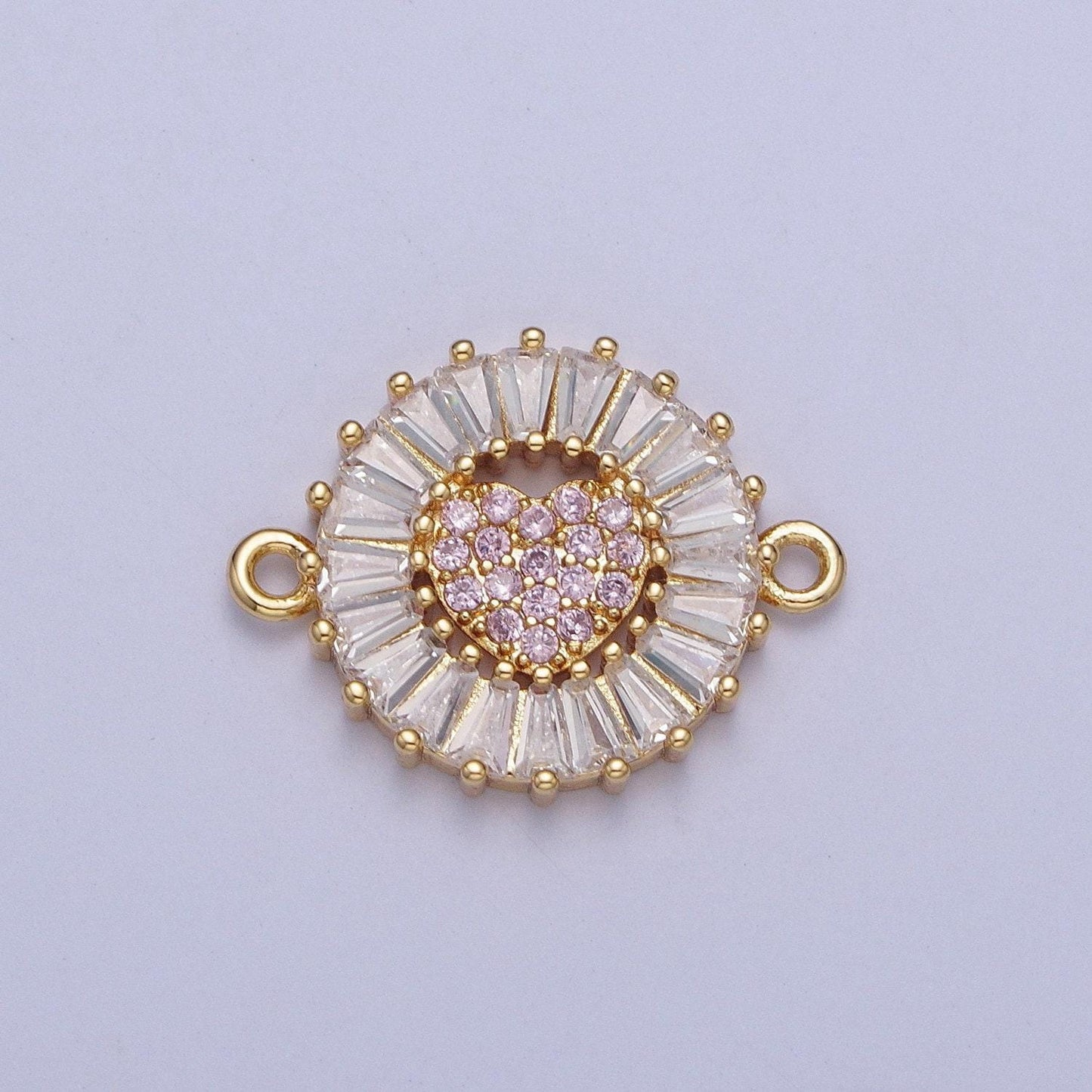 24k gold filled micro pave love heart center link connector, baguette stone bracelet connector, round sunburst link connector | g865~ g870