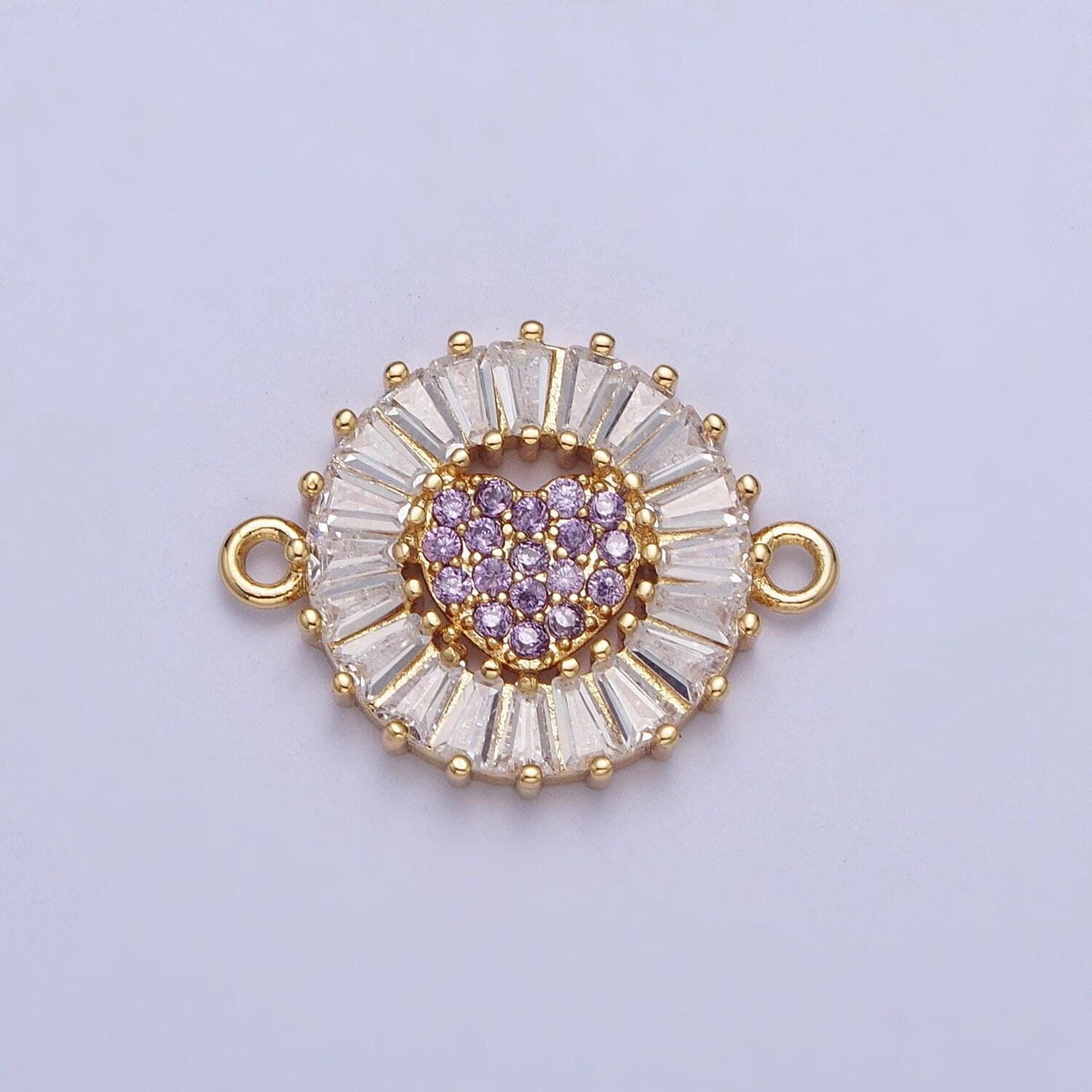 24k gold filled micro pave love heart center link connector, baguette stone bracelet connector, round sunburst link connector | g865~ g870