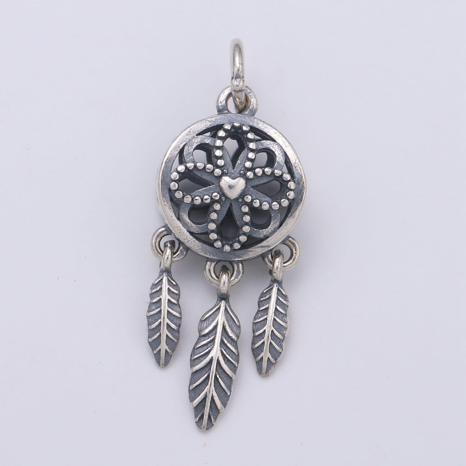S925 sterling silver dream catcher feather charms, antique silver flower charm boho bohemian necklace earring component