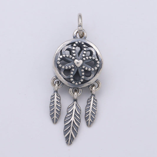 S925 sterling silver dream catcher feather charms, antique silver flower charm boho bohemian necklace earring component