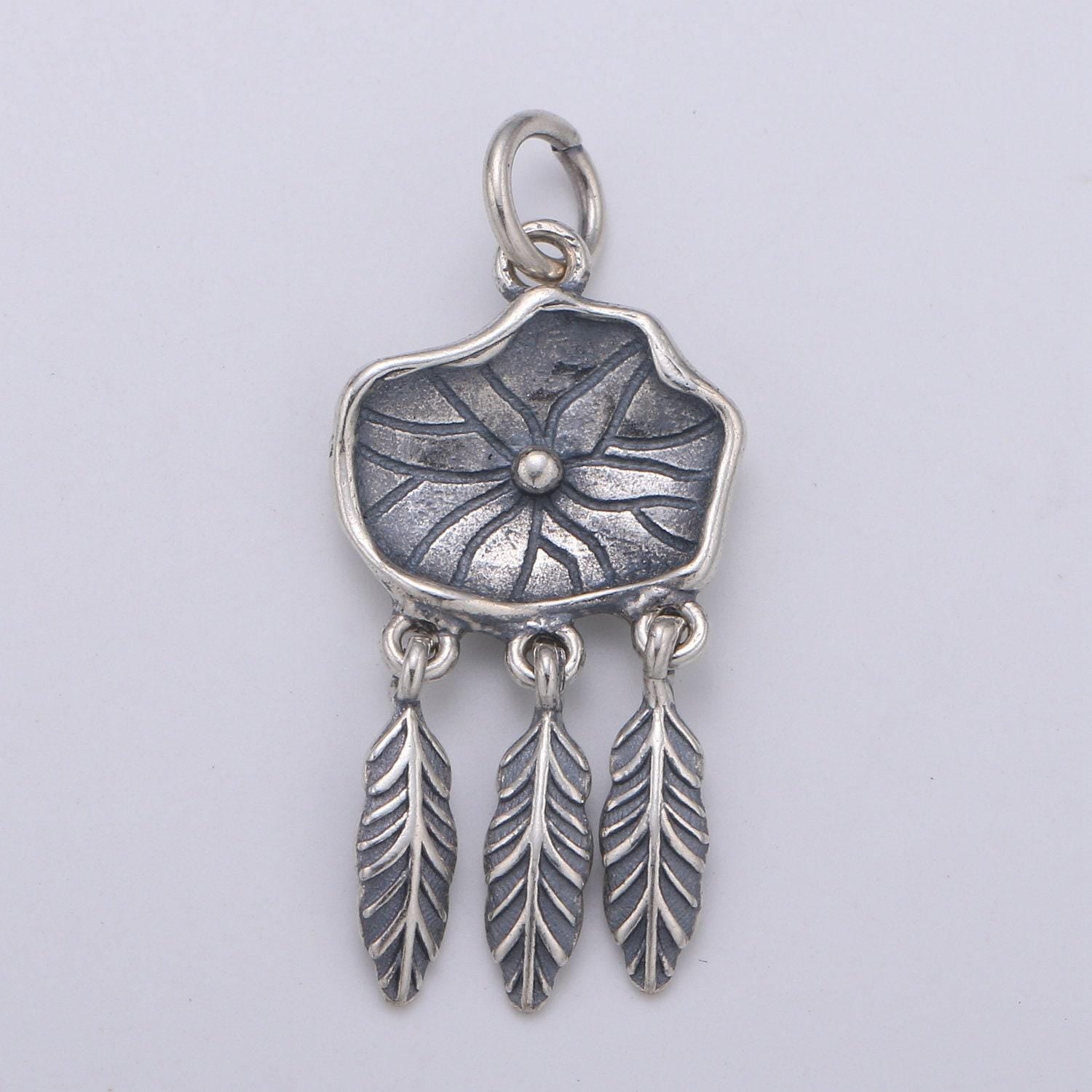 S925 sterling silver dream catcher feather charms, antique silver feather charm boho bohemian necklace earring component